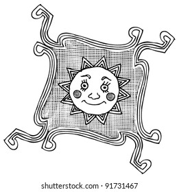 black and white original drawing of sun on pattern background