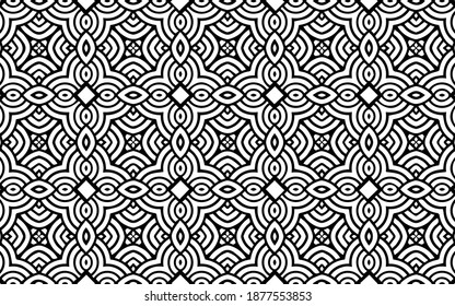 Black white original geometric background from a pattern of abstract shapes with intertwined lines in ethnic folk traditions.Vector graphics for design and decor, wallpaper, business cards, textiles.