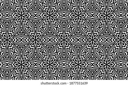 Black white original geometric pattern from abstract shapes in African, Mexican folk traditions. Ethnic background for design and decor, wallpaper, business cards, textiles and coloring book. 