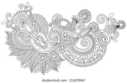 black and white original hand draw line art ornate flower design. Ukrainian traditional style