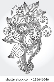 black and white original hand draw line art ornate flower design. Ukrainian traditional style