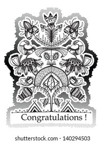 black and white original traditional hand draw ornamental line art  flower design with birds, Ukrainian traditional style for invitations