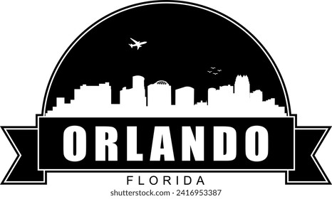 Edificios en blanco y negro de Orlando Florida estiran un espacio aéreo negativo silueta en forma de emblema con banner de desplazamiento debajo y nombre texto dentro. Diseño gráfico de vectores.