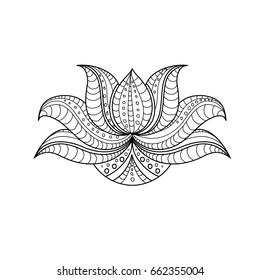 Black and white Ornamantal Lotus Flower with ethnic pattern. Beautiful hand drawn boho style decorative element.