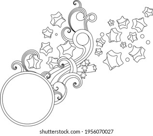 Black and white ornament with circle and decorative objects. Linear, contour. Illustration can be used for coloring book and pictures for children.