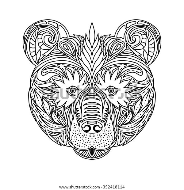 白黒の装飾は 野生の熊の顔に 装飾的なレースのデザイン 大人向け塗り絵本のページ 手描きのインクパターン ベクターイラスト のベクター画像素材 ロイヤリティフリー