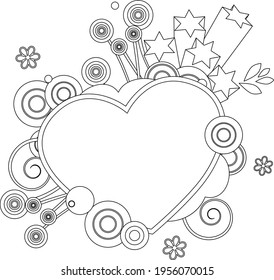 Black and white ornament with heart and decorative objects. Illustration can be used for coloring book and pictures for children.