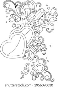 Black and white ornament with heart and decorative objects. Illustration can be used for coloring book and pictures for children.