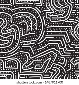 Black and white ornament of lines and dots-vector illustration. Hand-drawn abstract pattern.