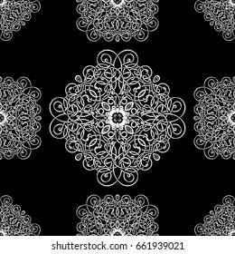 Black and white ornament, seamless pattern, vector background. White wicker weave on a black background, monochrome illustration. For wallpaper design, decorating antique element