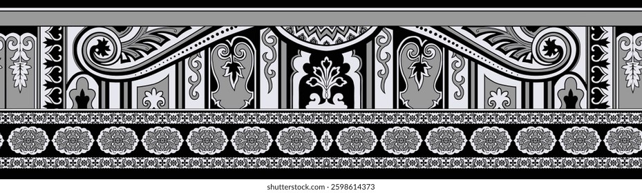 Black and white ornamental border pattern, for textile, wallpaper, gift wrapping.