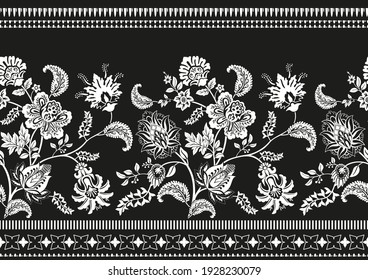 Black and white ornamental border. Vector clipart. Climbing flowers horizontal pattern. Seamless pattern. Decorative plants line wallpaper. Two color border tile background