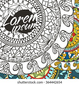 Black and white ornamental circle with doodle colorful design, stylish zentangle background composition. Easy to use for postcard, poster, banner