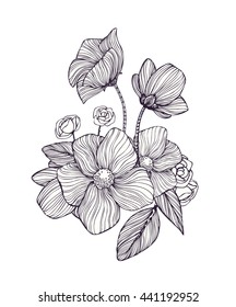 Black and white ornamental fantastic flowers, magic composition. Monochrome Pattern: Floral Texture, Decorative elements for Adult Coloring Book page. Hand drawn vector illustration.