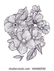 Black and white ornamental fantastic flowers, magic composition. Monochrome Pattern: Floral Texture, Decorative elements for Adult Coloring Book page. Hand drawn vector illustration.