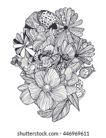 Black and white ornamental fantastic flowers, magic composition. Monochrome Pattern: Floral Texture, Decorative elements for Adult Coloring Book page. Hand drawn vector illustration.