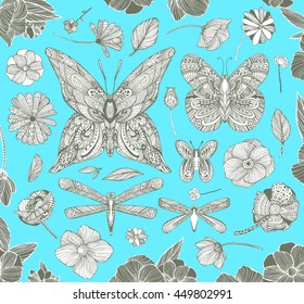 Black and white ornamental fantastic flowers, magic flat composition. Monochrome Pattern: Floral Texture, Decorative elements for Adult Coloring Book page. Hand drawn vector illustration.