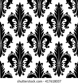 Black and white ornamental fleur-de-lis background for heraldry theme or vintage interior design with seamless pattern of fluffy spiky leaves with swirls