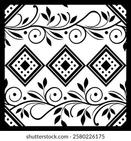 Black and White Ornamental Floral Vector Pattern | Decorative Geometric Swirls for Fashion, Fabric, Carpet, Interior Spaces, and Graphic Design | Timeless, Luxurious Digital Texture.
