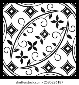 Black and White Ornamental Floral Vector Pattern | Decorative Geometric Swirls for Fashion, Fabric, Carpet, Interior Spaces, and Graphic Design | Timeless, Luxurious Digital Texture.
