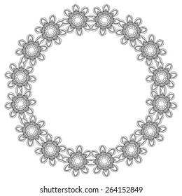 Black and white ornamental frame. Round lace pattern. Vector art