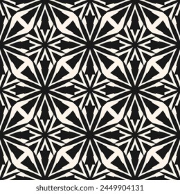 Patrón sin costuras geométricas ornamentales en blanco y negro. Fondo abstracto floral geométrico de Vector. Textura de adorno simple con siluetas de flores, celosía, rejilla. Diseño monocromo para decoración, impresión