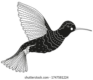 Black and white ornamental hummingbird in ethnic, scandinavian and boho style. Cute childish illustration.  Isolated flying colibri for logo, graphic design, print, decor. Vector.