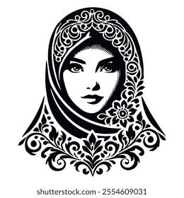 Black and white ornamental lines face  of a woman wearing a niqab. Muslim womans face silhouette. With hicab. Isolated vector design on white background.