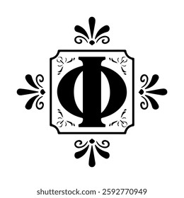 A black and white ornamental logo features the Greek letter Phi (Φ) in a vintage frame with elegant embellishments. Perfect for academia, sororities, luxury brands, historical projects