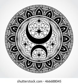 black white ornamental mandala with moon and stars