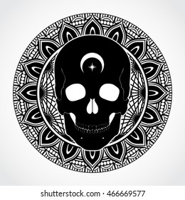 black white ornamental mandala with skull