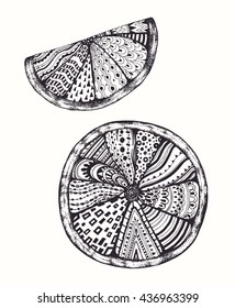 Black and white ornamental orange, lemon segment, citrus fruit. Monochrome Pattern: Floral Texture, Decorative elements for Adult Coloring Book page. Hand drawn vector illustration.