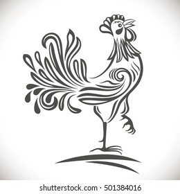 Black and white ornamental rooster vector drawing. 2017 year symbol.