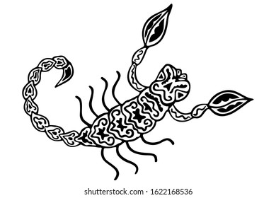 Black and white ornamental scorpion in ethnic style. Hand-drawn arthropod of the arachnid class. Zodiac sign Scorpius. Isolate for coloring, tattoo, t-shirt design. Vector.