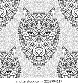 Black and white ornamental seamless pattern with wolf head and mandala. Decorative fabric design.