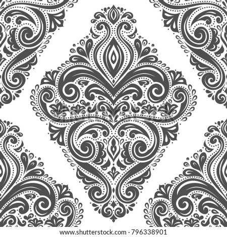 Black and white ornamental seamless pattern. Vintage. Elegant classic texture. Damask, Victorian, Baroque, paisley elements. Great for fabric and textile, wallpaper, packaging or any desired idea.