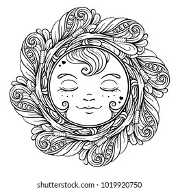 Black and white ornamental sun coloring page.