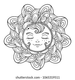 Black and white ornamental sun coloring page.
