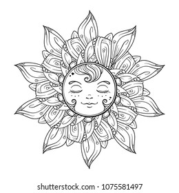 Black and white ornamental sun coloring page.