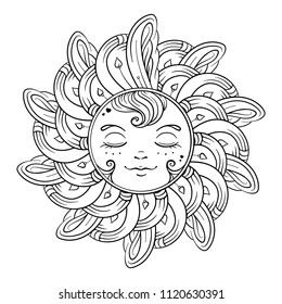 Black and white ornamental sun coloring page.