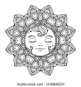 Black and white ornamental sun coloring page.