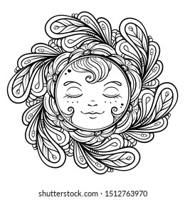 Black and white ornamental sun coloring page.