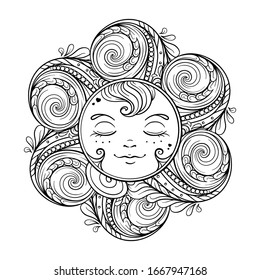 Black and white ornamental sun coloring page.