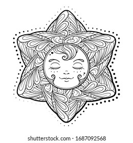 Black and white ornamental sun coloring page.