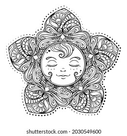 Black and white ornamental sun coloring page.