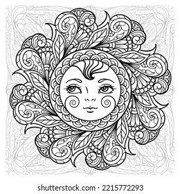 Black and white ornamental sun coloring page.