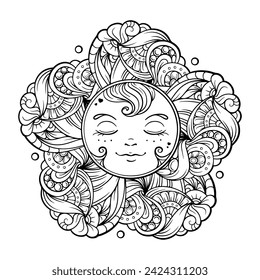 Black and white ornamental sun coloring page.