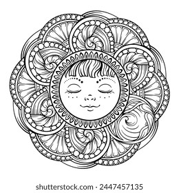 Black and white ornamental sun mandala coloring page.