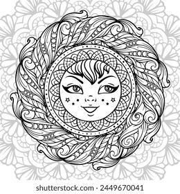 Black and white ornamental sun mandala coloring page.