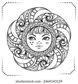Black and white ornamental sun mandala coloring page.